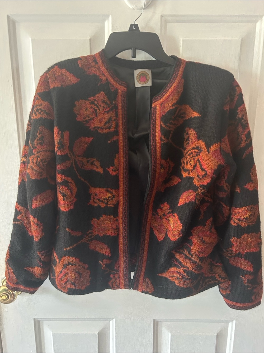 Floral Knit Zip-Front Jacket in Black & Burnt Orange